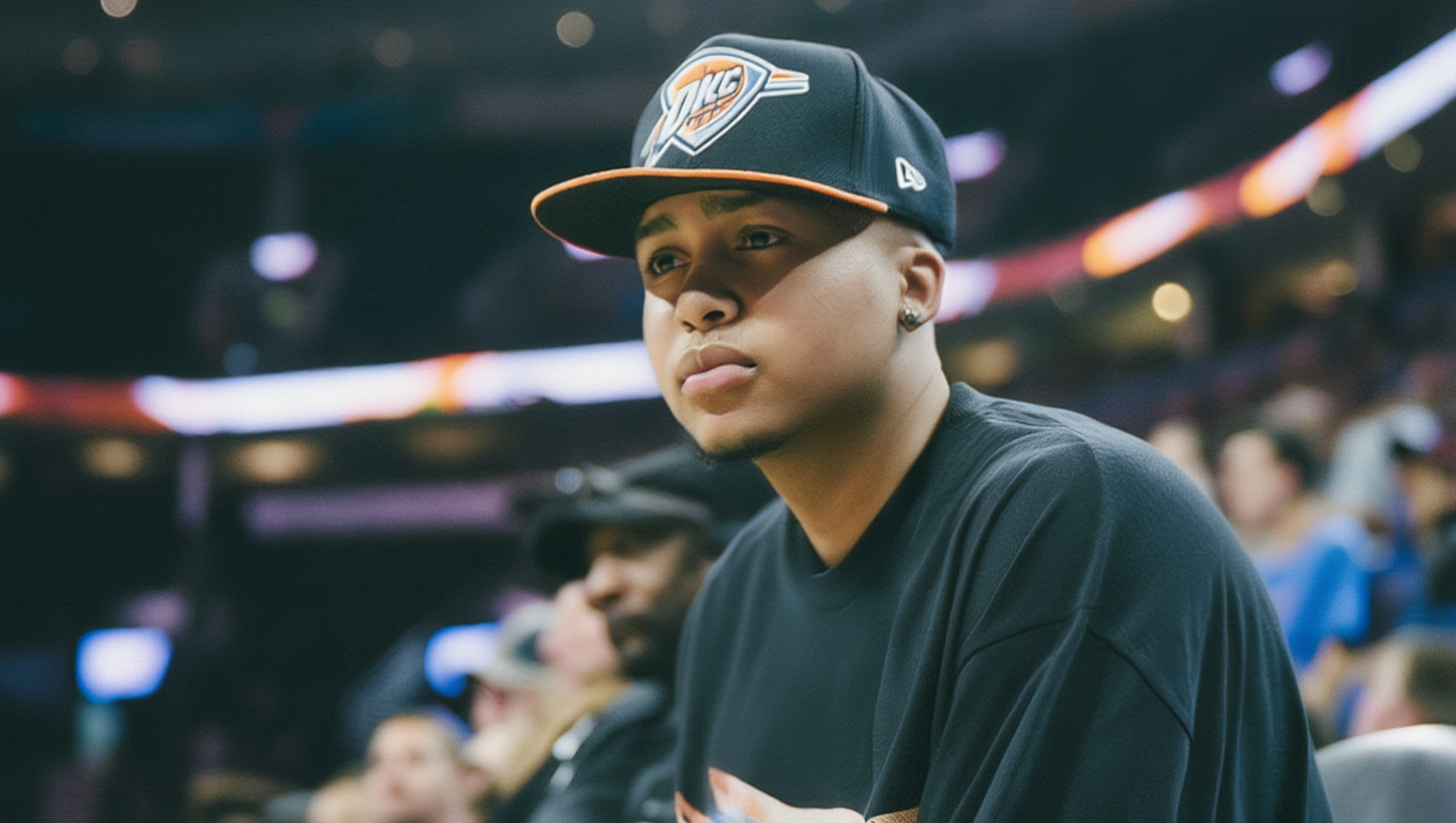 Young man in an OKC fitted cap sits courtside at an NBA game.